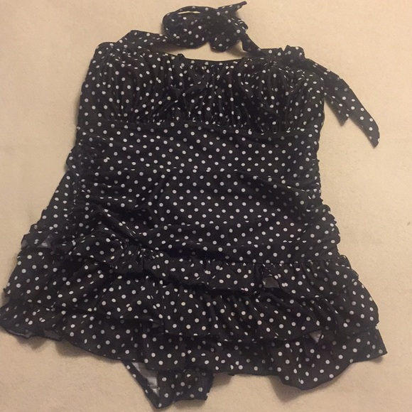 Other - Vtg Women Swimsuit black white polka dot Halter XL